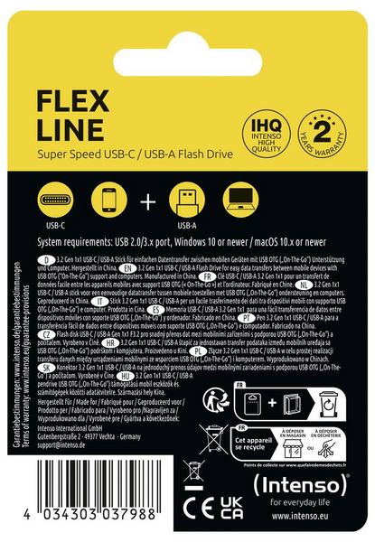 Produktbild: Intenso Flex Line USB-Stick Retail 128 GB Schwarz 3544491 USB-A (USB 3.2 Gen 1), USB-C&reg; (USB 3.2 Gen 1)