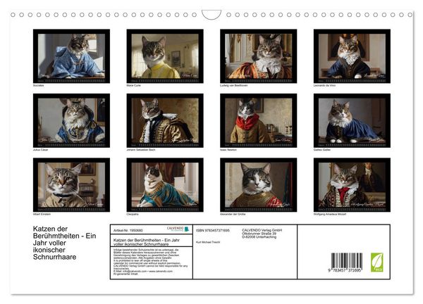 Produktbild: Katzen der Ber&uuml;hmtheiten - Ein Jahr voller ikonischer Schnurrhaare (Wandkalender 2026 DIN A3 quer), CALVENDO Monatskalender