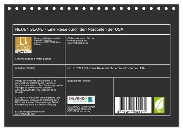 Produktbild: NEUENGLAND - Eine Reise durch den Nordosten der USA (Tischkalender 2026 DIN A5 quer), CALVENDO Monatskalender