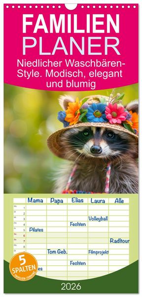 Produktbild: Familienplaner 2026 - Niedlicher Waschb&auml;ren-Style. Modisch, elegant und blumig mit 5 Spalten (Wandkalender, 21 x 45 cm) CALVENDO