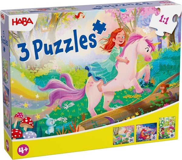HABA 2013401001 - Puzzles Zauberträume, mit Glitzer-Effekt, Motiv: Einhorn/Fee/Prinzessin, 24/35/48 Teile