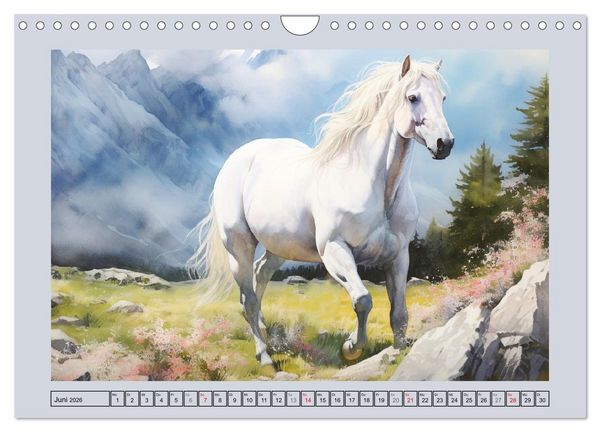 Produktbild: Anmutige Schimmel. &Auml;sthetik wei&szlig;er Aquarell-Pferde (Wandkalender 2026 DIN A4 quer), CALVENDO Monatskalender