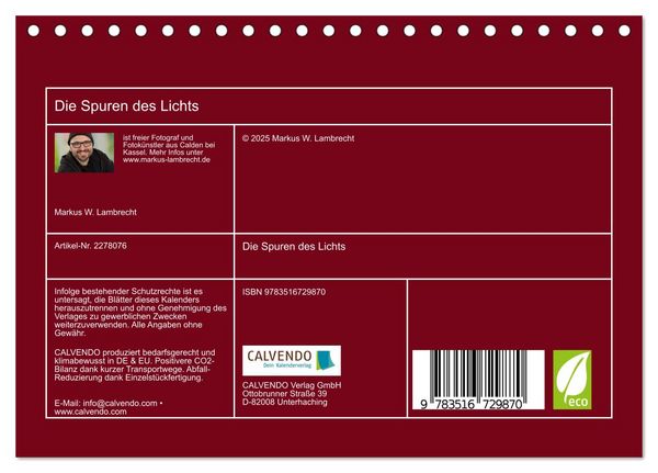 Produktbild: Die Spuren des Lichts (Tischkalender 2026 DIN A5 quer), CALVENDO Monatskalender