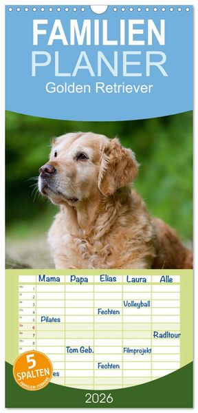 Produktbild: Familienplaner 2026 - Golden Retriever mit 5 Spalten (Wandkalender, 21 x 45 cm) CALVENDO