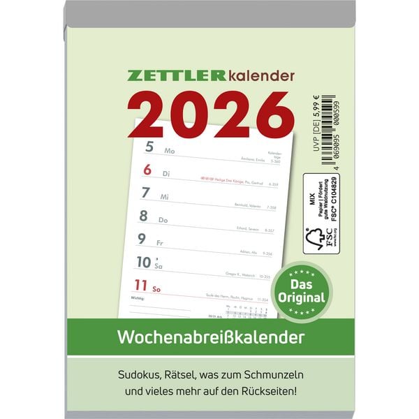 Produktbild: Wochenabreißkalender 2025 - 10,5x14,6 cm - 1 Woche auf 1 Seite - mit Sudokus, Rezepten, Rätseln uvm. auf den Rückseiten - Bürokalender 325-0000