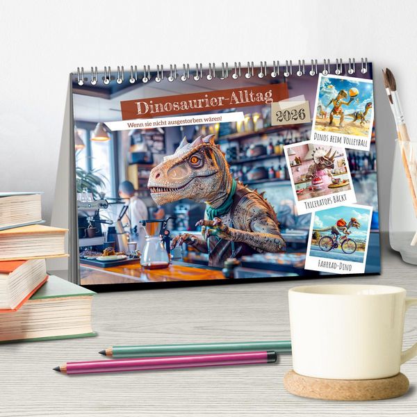 Produktbild: Dinosaurier-Alltag - Wenn sie nicht ausgestorben w&auml;ren! (Tischkalender 2026 DIN A5 quer), CALVENDO Monatskalender