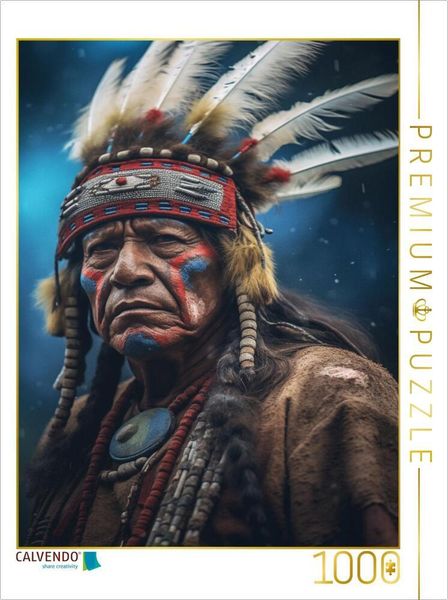 Produktbild: CALVENDO Puzzle Stolzer Blick: Ein H&auml;uptling und sein majest&auml;tischer Kopfschmuck | 1000 Teile Lege-Gr&ouml;&szlig;e 64x48cm Foto-Puzzle f&uuml;r gl&uuml;ckliche Stunden