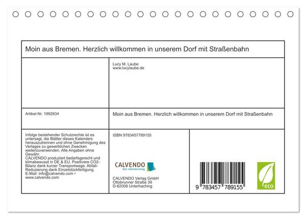 Produktbild: Moin aus Bremen. Herzlich willkommen in unserem Dorf mit Stra&szlig;enbahn (Tischkalender 2026 DIN A5 quer), CALVENDO Monatskalender