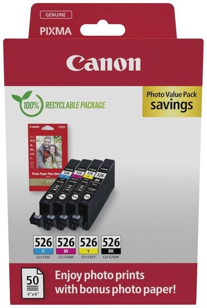 Canon Druckerpatrone CLI-526 BK/C/M/Y Photo Value Pack Original Kombi-Pack Schwarz, Cyan, Magenta, Gelb 4540B019