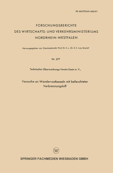 Produktbild: Versuche an Wanderrostkesseln mit befeuchteter Verbrennungsluft