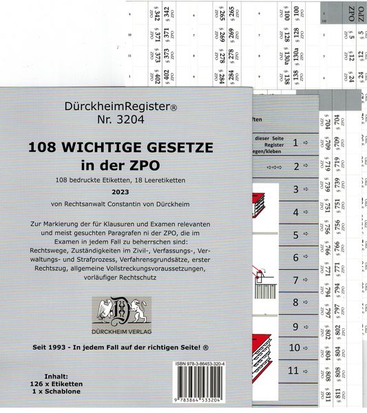 Produktbild: D&uuml;rckheimRegister&reg; 108 WICHTIGE &sect;&sect; in der ZPO, ohne Stichworte