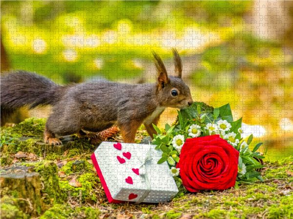 Produktbild: CALVENDO Puzzle Das Eichh&ouml;rnchen w&uuml;nscht alles Gute! | 1000 Teile Lege-Gr&ouml;&szlig;e 64x48cm Foto-Puzzle f&uuml;r gl&uuml;ckliche Stunden