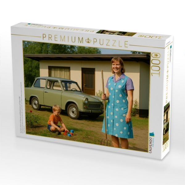 Produktbild: CALVENDO Puzzle Das kleine Gl&uuml;ck mit Datsche und Kittelsch&uuml;rze und Trabant 601 | 1000 Teile Lege-Gr&ouml;&szlig;e 64x48cm Foto-Puzzle f&uuml;r gl&uuml;ckliche Stunden