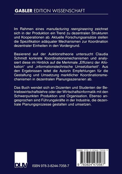 Produktbild: Marktliche Koordination in der dezentralen Produktionsplanung