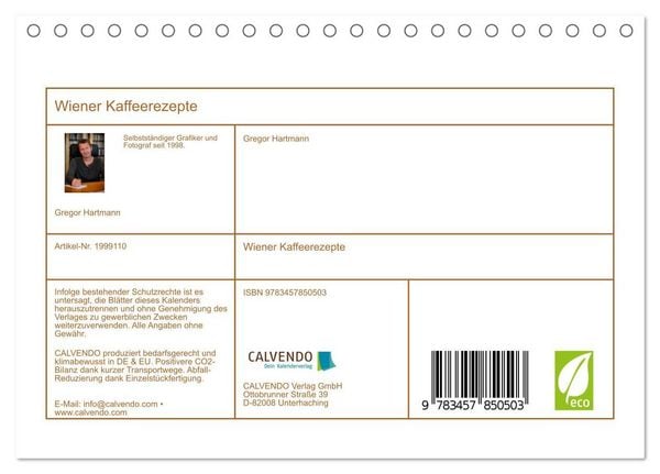 Produktbild: Wiener Kaffeerezepte (Tischkalender 2026 DIN A5 quer), CALVENDO Monatskalender