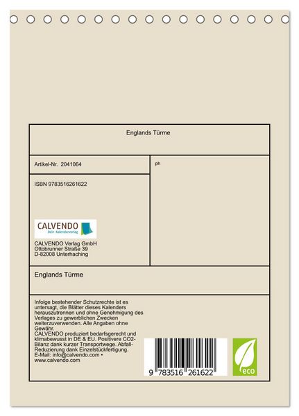 Produktbild: Englands T&uuml;rme (Tischkalender 2026 DIN A5 hoch), CALVENDO Monatskalender