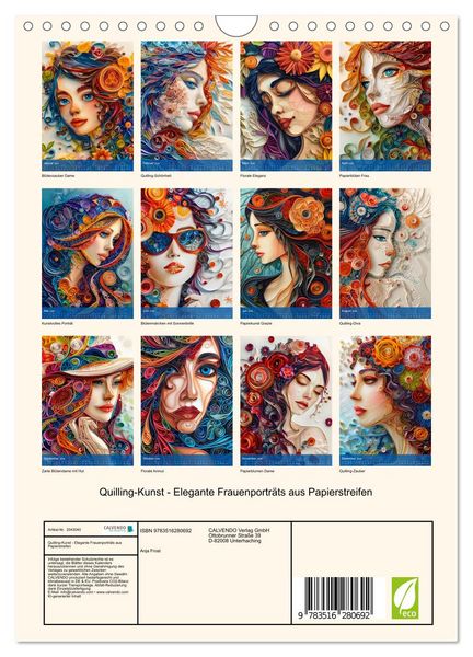 Produktbild: Quilling-Kunst - Elegante Frauenportr&auml;ts aus Papierstreifen (Wandkalender 2026 DIN A4 hoch), CALVENDO Monatskalender
