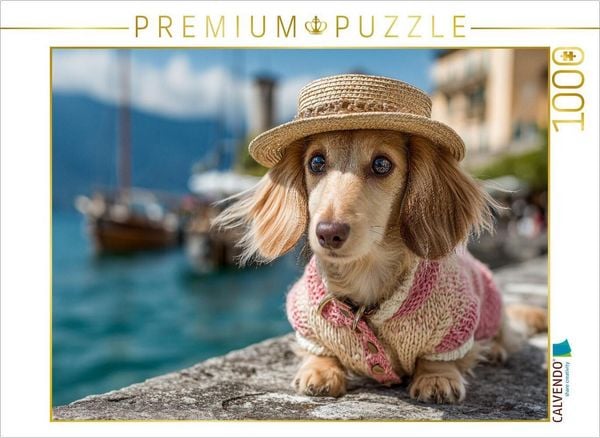 Produktbild: CALVENDO Puzzle Ein liebevoller Dackel mit Hut am Gardasee - ein charmantes Hundepuzzle f&uuml;r Erwachsene und alle, die Dackel lieben. | 1000 Teile Lege-Gr&ouml;&szlig;e 64x48cm Foto-Puzzle f&uuml;r gl&uuml;ckliche Stunden