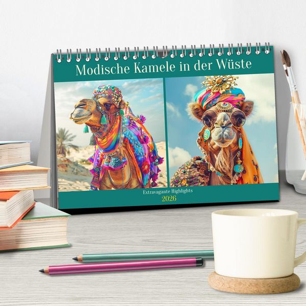Produktbild: Modische Kamele in der W&uuml;ste. Extravagante Highlights (Tischkalender 2026 DIN A5 quer), CALVENDO Monatskalender