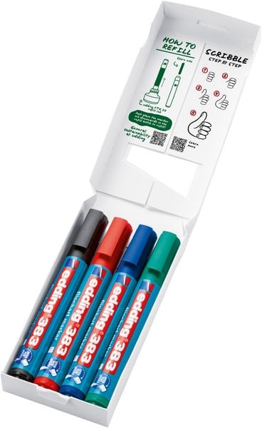 Produktbild: EDDING&reg; Flipchart Marker 383, 4er Etui (rot, blau, gr&uuml;n, schwarz) Kartonetui
