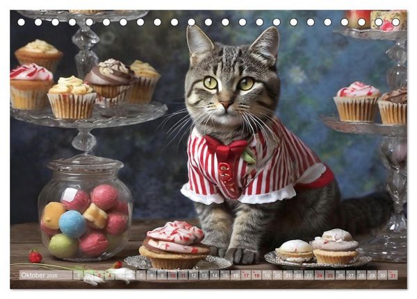 Produktbild: S&uuml;&szlig;e Naschkatzen - Pelzige Leckerm&auml;ulchen zwischen s&uuml;&szlig;en Desserts und Torten (Tischkalender 2026 DIN A5 quer), CALVENDO Monatskalender