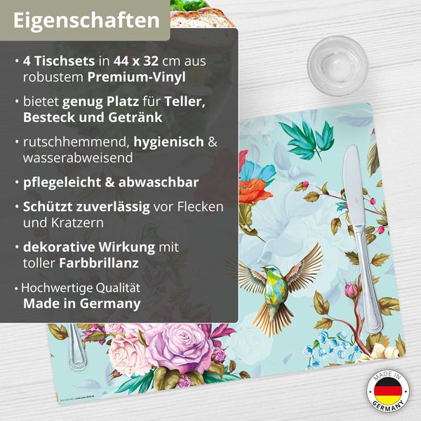 Produktbild: Tischsetmacher Tischsets Buntes Vogelparadies, aus hochwertigem Vinyl (4 St&uuml;ck), 44 x 32 cm