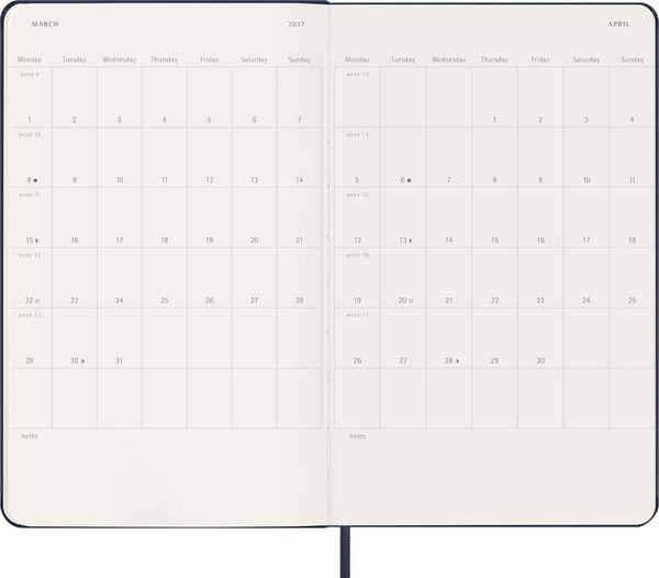 Produktbild: Moleskine 12 Monate Wochen Notizkalender 2027, Large/A5, 1 Wo = 1 Seite, rechts linierte Seite, Fester Einband, Saphir