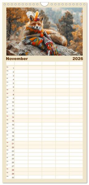 Produktbild: Familienplaner 2026 - Fuchsige Eskapaden. Reineke mit noblen Accessoires mit 5 Spalten (Wandkalender, 21 x 45 cm) CALVENDO