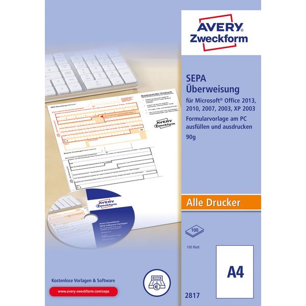 Produktbild: AVERY Zweckform SEPA &Uuml;berweisung PC-Druckerformular inkl. Software DIN A4 100 Blatt