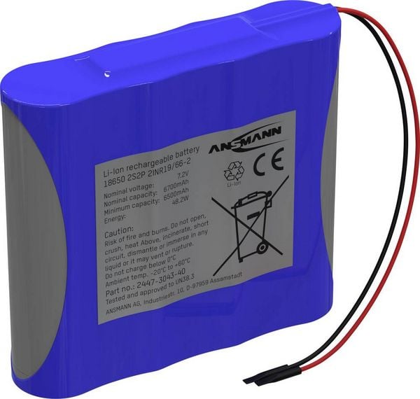 Ansmann 2S2P Akkupack 4x 18650 Kabel Li-Ion 7.2V 6700 mAh