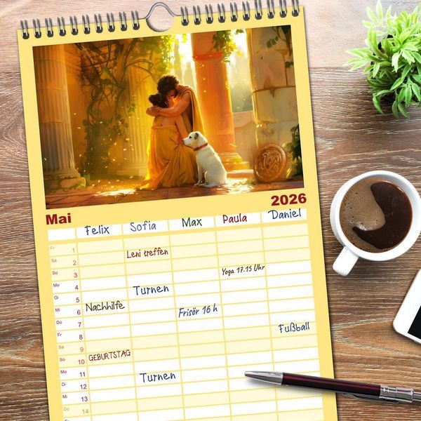 Produktbild: Familienplaner 2026 - B&uuml;cher, Liebe und ein kleiner Hund mit 5 Spalten (Wandkalender, 21 x 45 cm) CALVENDO