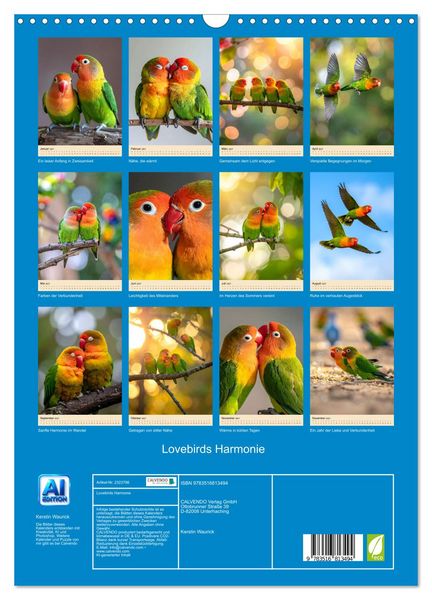 Produktbild: Lovebirds Harmonie (Wandkalender 2027 DIN A3 hoch), CALVENDO Monatskalender