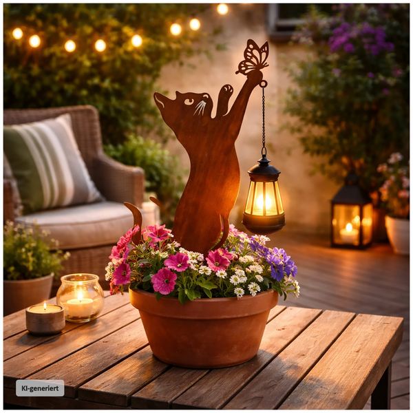 Produktbild: HTI-Living Gartenstecker Katze mit Lampe Metall Rostoptik Gartendeko mit Laterne