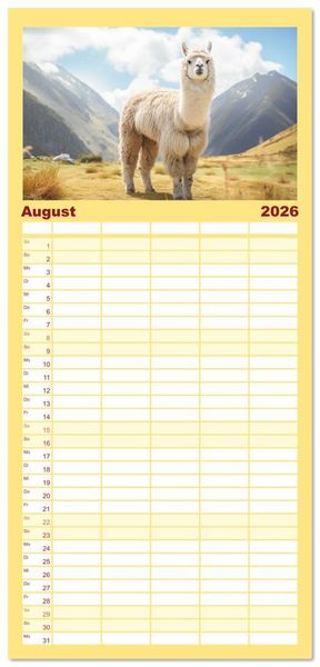 Produktbild: Familienplaner 2026 - Die Welt der Alpakas mit 5 Spalten (Wandkalender, 21 x 45 cm) CALVENDO