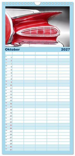 Produktbild: Familienplaner 2027 - US Klassiker Farbenfrohe Heckansichten mit 5 Spalten (Wandkalender, 21 x 45 cm) CALVENDO