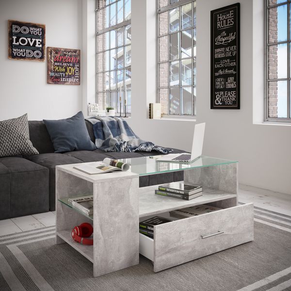Produktbild: Holz Sofatisch Couchtisch Schublade Glas Tindala