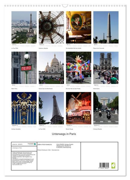Produktbild: Unterwegs in Paris (Wandkalender 2026 DIN A2 hoch), CALVENDO Monatskalender