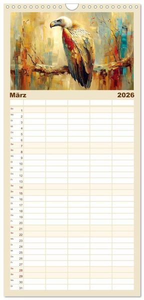 Produktbild: Familienplaner 2026 - Majest&auml;ten der L&uuml;fte. Raubv&ouml;gel zwischen Himmel und Kunst mit 5 Spalten (Wandkalender, 21 x 45 cm) CALVENDO