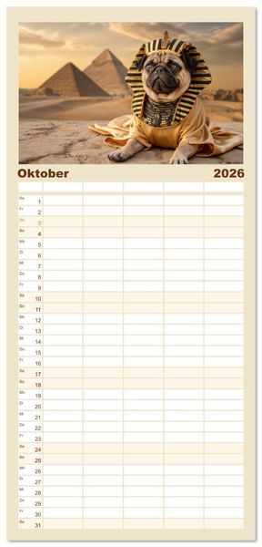 Produktbild: Familienplaner 2026 - Eine Mopsige Weltreise mit 5 Spalten (Wandkalender, 21 x 45 cm) CALVENDO