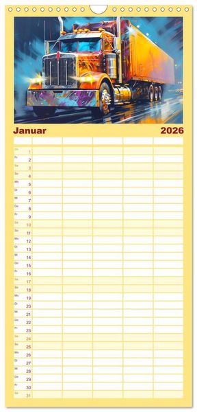 Produktbild: Familienplaner 2026 - Langhauber Paintings. Trucks in lebendigen Farben mit 5 Spalten (Wandkalender, 21 x 45 cm) CALVENDO