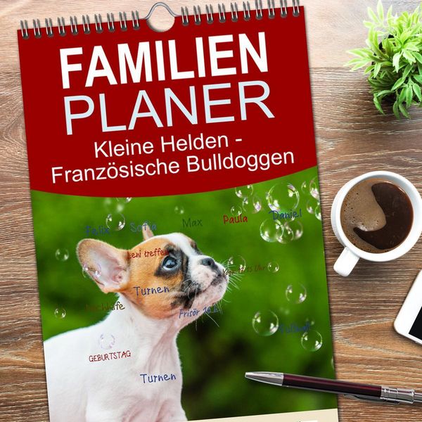 Produktbild: Familienplaner 2026 - Kleine Helden - Franz&ouml;sische Bulldoggen mit 5 Spalten (Wandkalender, 21 x 45 cm) CALVENDO