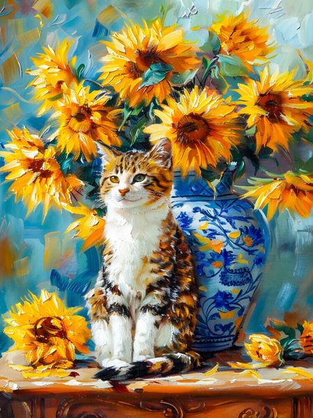 Produktbild: CALVENDO Puzzle Katze im Stillleben mit Sonnenblumen in Blumenvase im impressionistischen Stil | 1000 Teile Lege-Gr&ouml;&szlig;e 64x48cm Foto-Puzzle f&uuml;r gl&uuml;ckliche Stunden