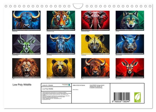 Produktbild: Low Poly Wildlife (Wandkalender 2026 DIN A4 quer), CALVENDO Monatskalender
