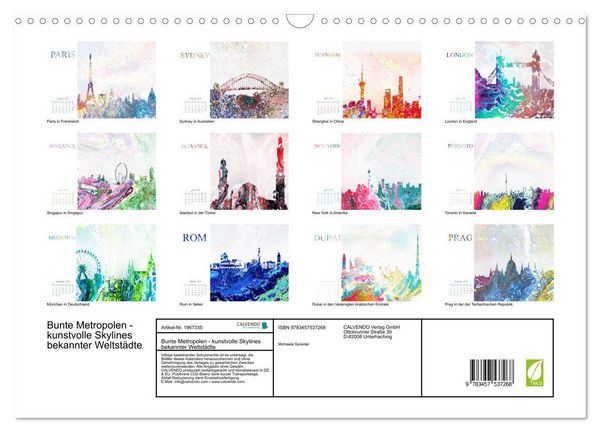 Produktbild: Bunte Metropolen - kunstvolle Skylines bekannter Weltst&auml;dte (Wandkalender 2026 DIN A3 quer), CALVENDO Monatskalender