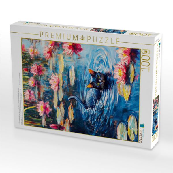 Produktbild: CALVENDO Puzzle Katze schwimmt im Seerosenteich des impressionistischen Gartens | 1000 Teile Lege-Gr&ouml;&szlig;e 64x48cm Foto-Puzzle f&uuml;r gl&uuml;ckliche Stunden