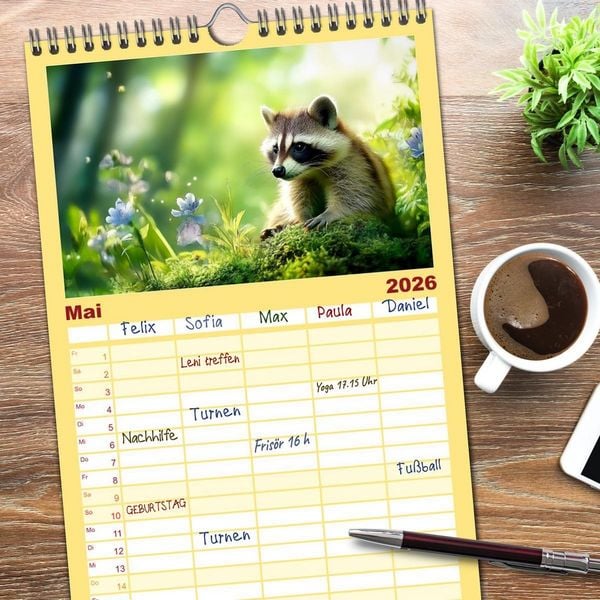 Produktbild: Familienplaner 2026 - Frech, flauschig, fantastisch - Der Waschb&auml;ren-Kalender mit 5 Spalten (Wandkalender, 21 x 45 cm) CALVENDO