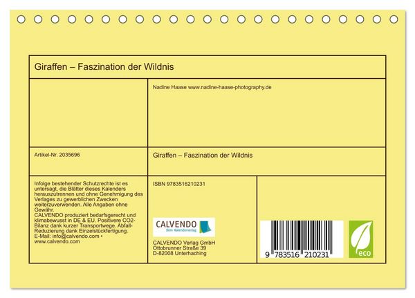 Produktbild: Giraffen &ndash; Faszination der Wildnis (Tischkalender 2026 DIN A5 quer), CALVENDO Monatskalender