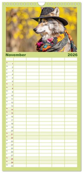 Produktbild: Familienplaner 2026 - Wilder Style. Modische W&ouml;lfe in der Natur mit 5 Spalten (Wandkalender, 21 x 45 cm) CALVENDO