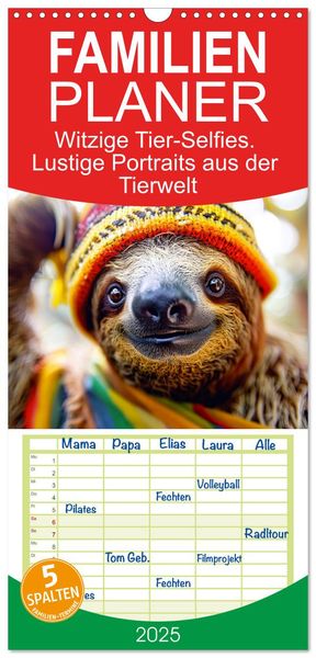 Familienplaner 2025 - Witzige Tier-Selfies. Lustige Portraits aus der Tierwelt mit 5 Spalten (Wandkalender, 21 x 45 cm) 