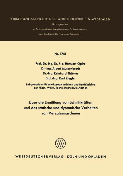 Produktbild: &Uuml;ber die Ermittlung von Schnittkr&auml;ften und das statistische und dynamische Verhalten von Verzahnmaschinen
